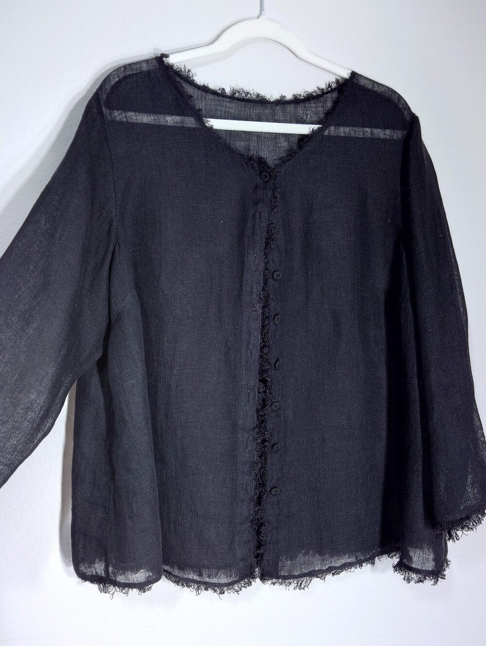 Black Linen Sheer Frayed Button Front Jacket Cardigan 2X Oversized Boho